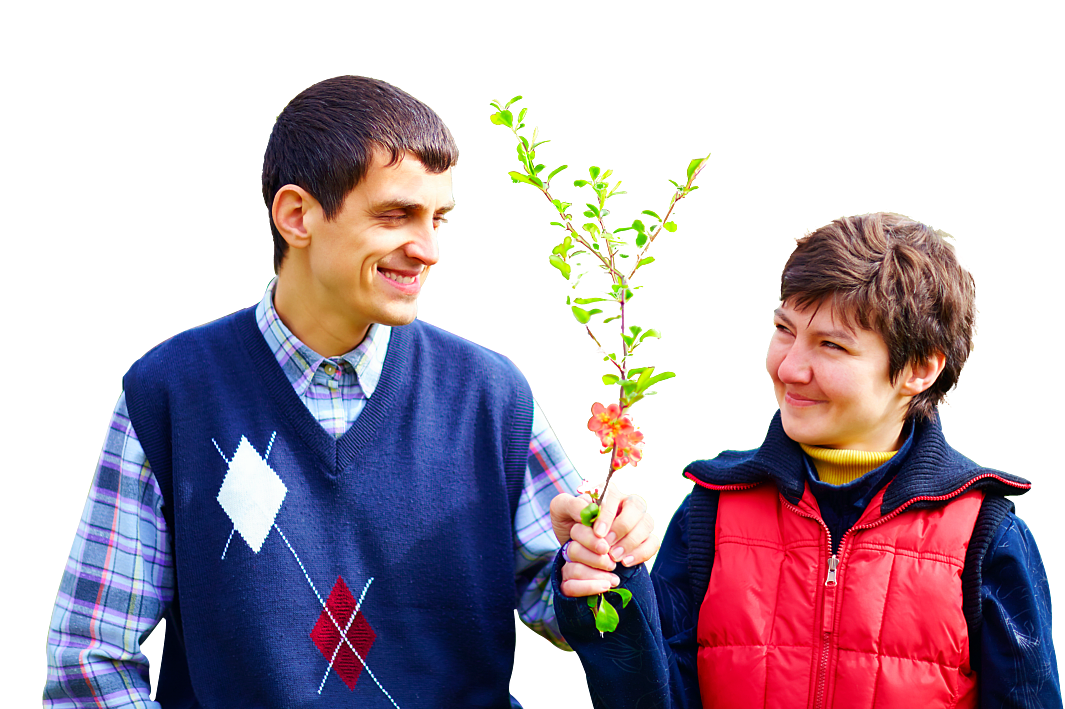 couple of mentally disabled person holding a plant